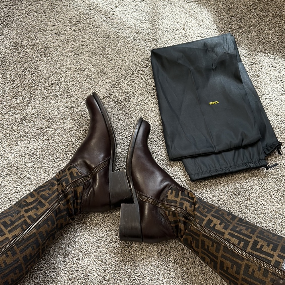 Fendi Brown Leather Below Knee Heeled Riding Boots Size 38